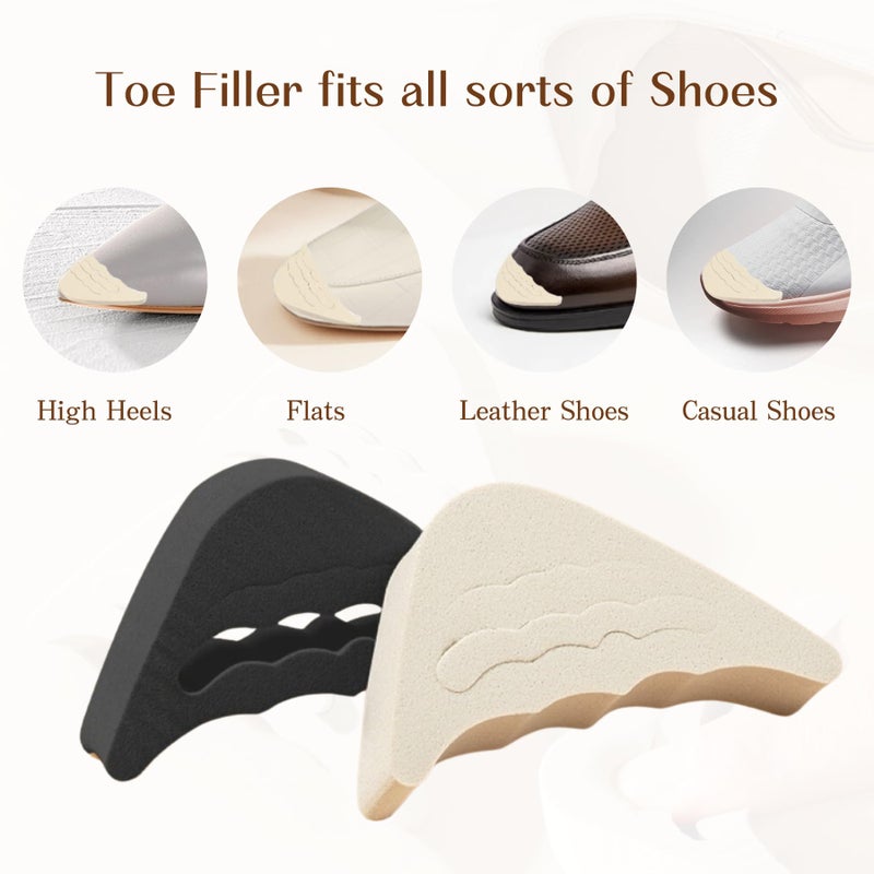 EACOZY Shoe Inserts, Foam Filler, 4 Pairs Adjustable Toe Inserts for Loose Shoes, Black and Beige - Image 2